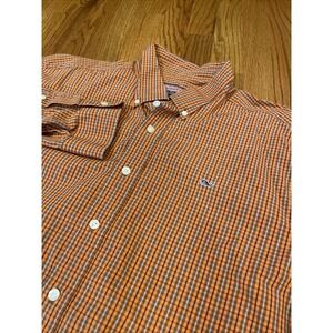 Vineyard Vines Mens Whale Shirt Button Down Orange Brown Plaid Cotton Size Large